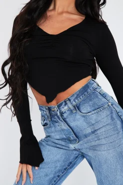 Rebellious Fashion Black Pointed Hem Jersey Crop Top - Gracie