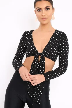 Rebellious Fashion Black Polka Dot Crop Tie Top - Abeer