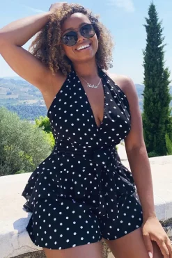 Rebellious Fashion Black Polka Dot Halter Neck Ruffle Playsuit - Kallee