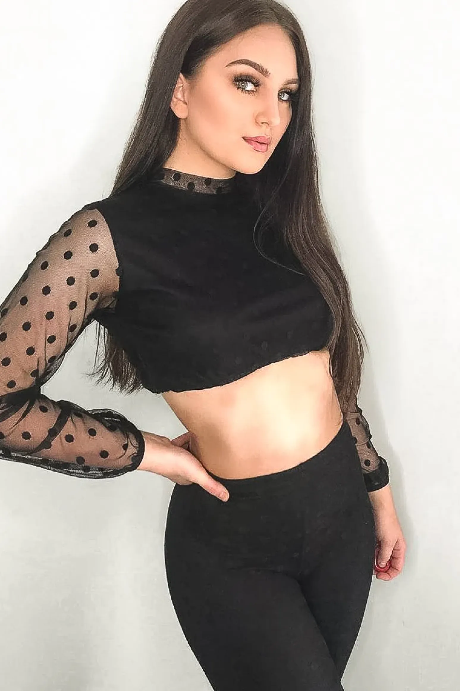 Rebellious Fashion Black Polka Dot Mesh Crop Top Leggings Co-Ord - Sofia