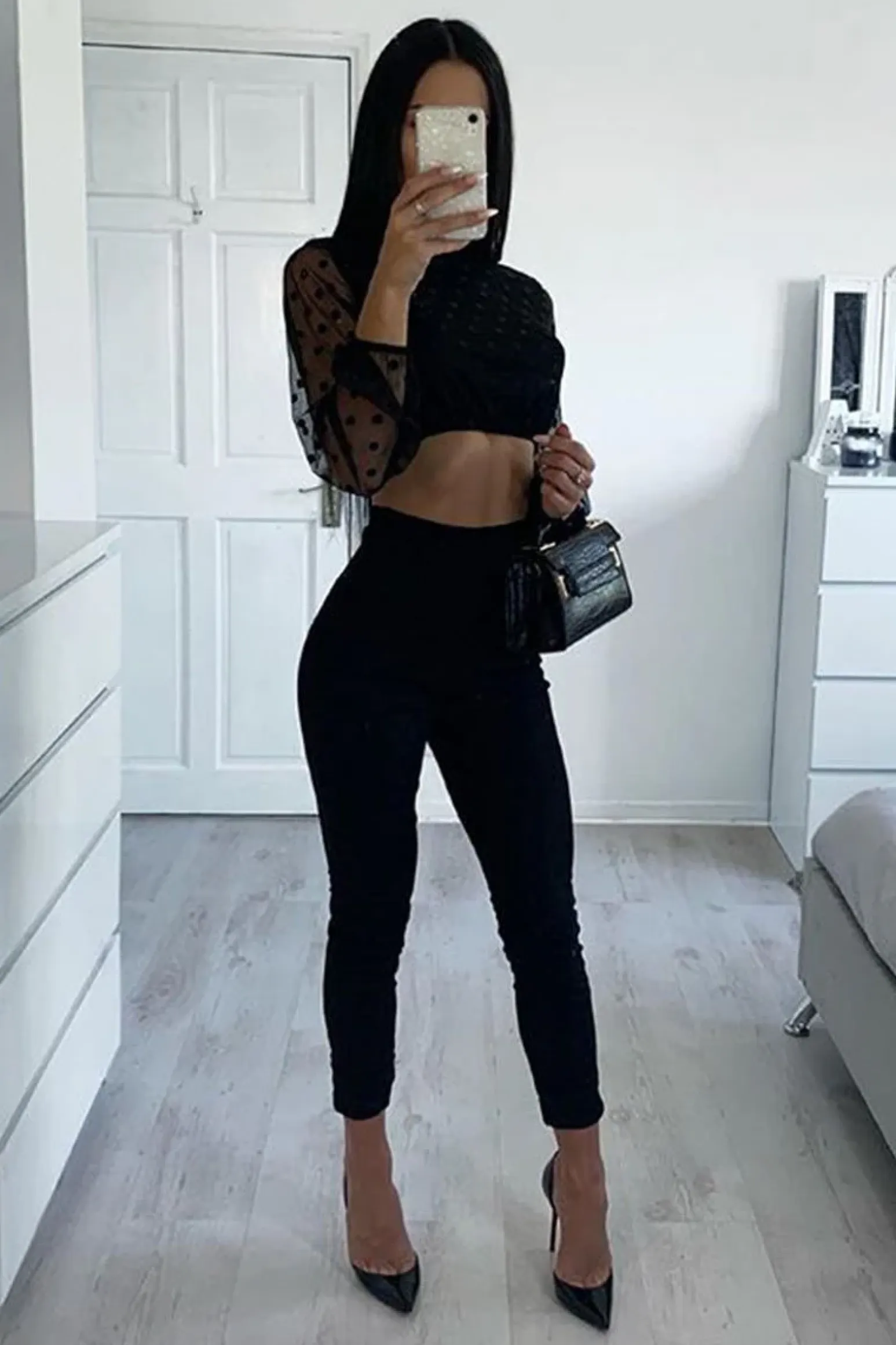 Rebellious Fashion Black Polka Dot Mesh Crop Top Leggings Co-Ord - Sofia