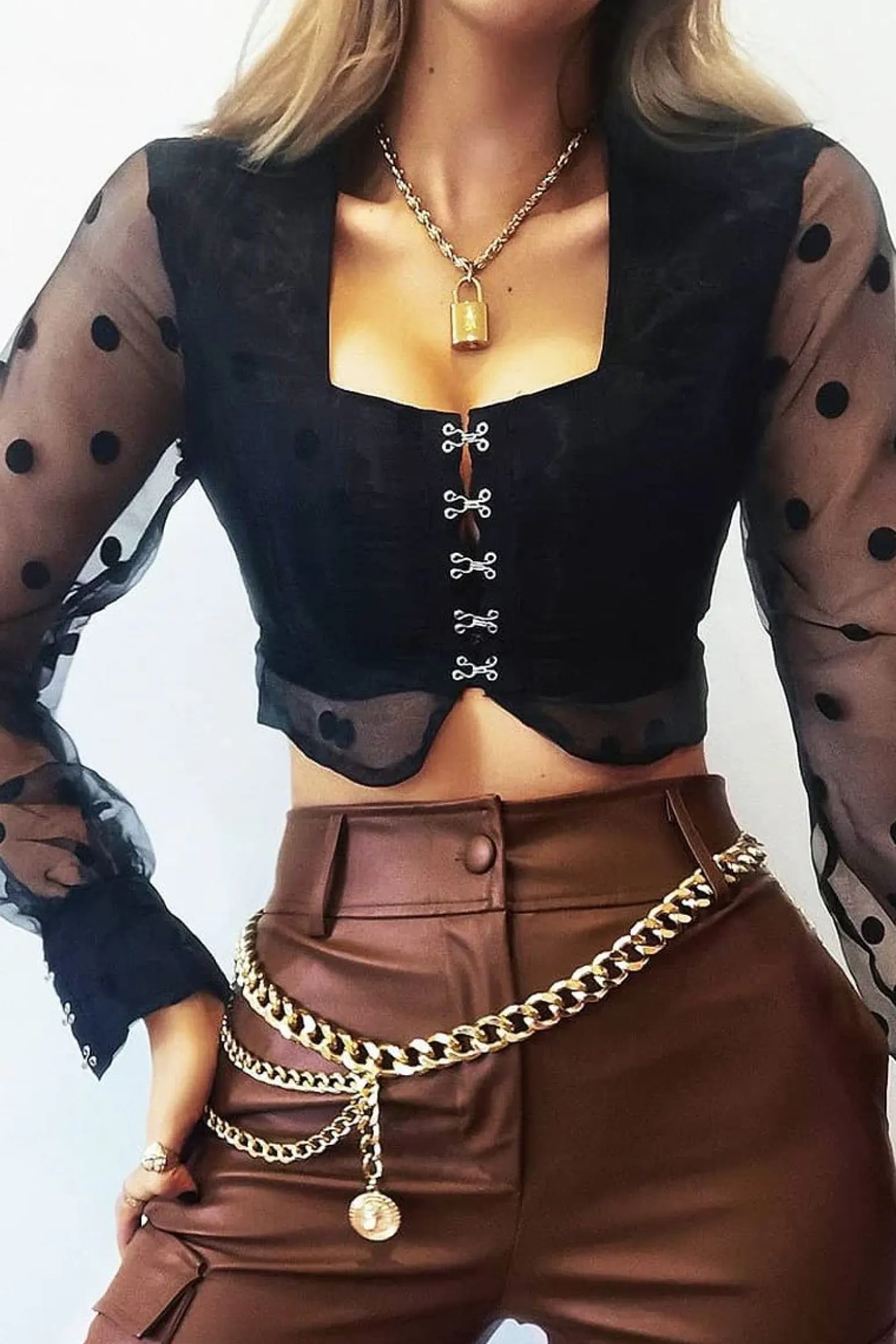 Rebellious Fashion Black Polka Dot Mesh Front Fastening Crop Top - Kacy
