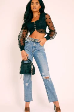Rebellious Fashion Black Polka Dot Mesh Front Fastening Crop Top - Kacy