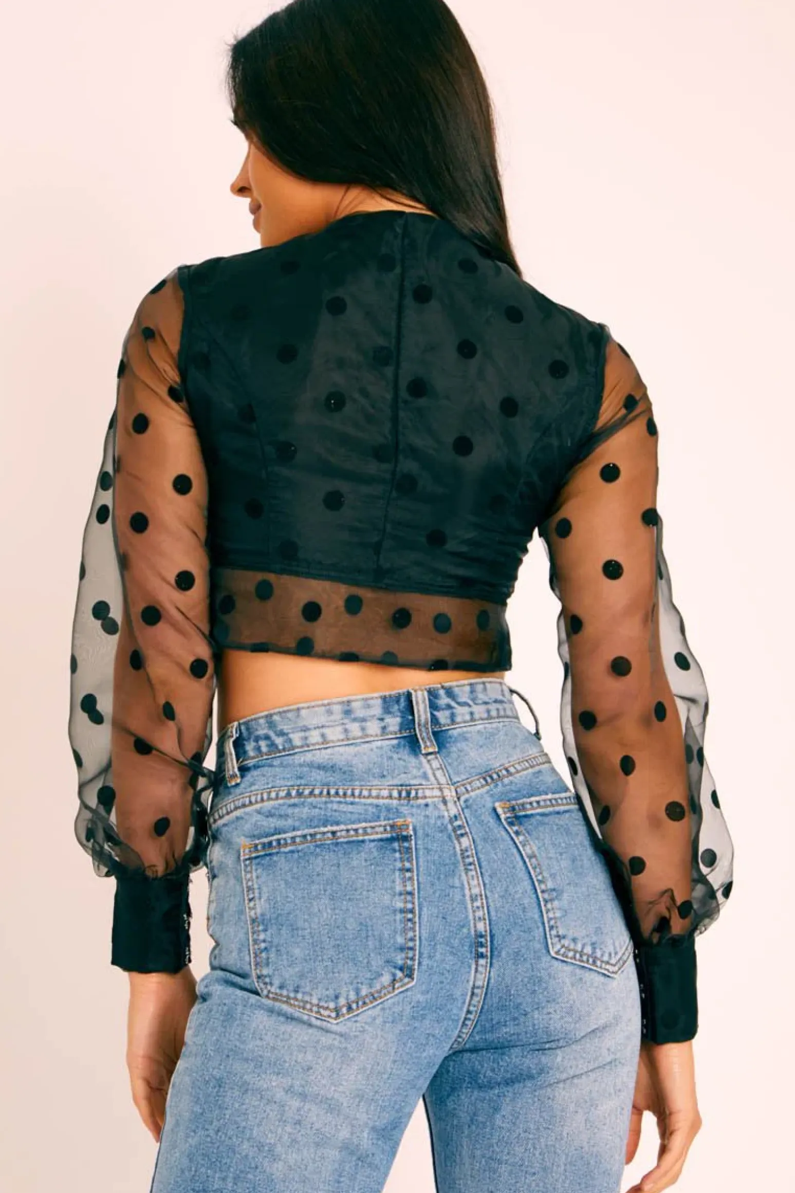 Rebellious Fashion Black Polka Dot Mesh Front Fastening Crop Top - Kacy
