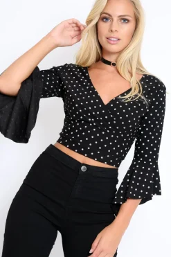 Rebellious Fashion Black Polka Dot Plunge Bell Sleeve Crop Top - Merla