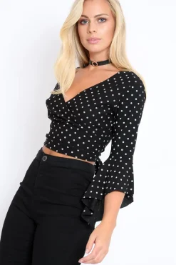 Rebellious Fashion Black Polka Dot Plunge Bell Sleeve Crop Top - Merla