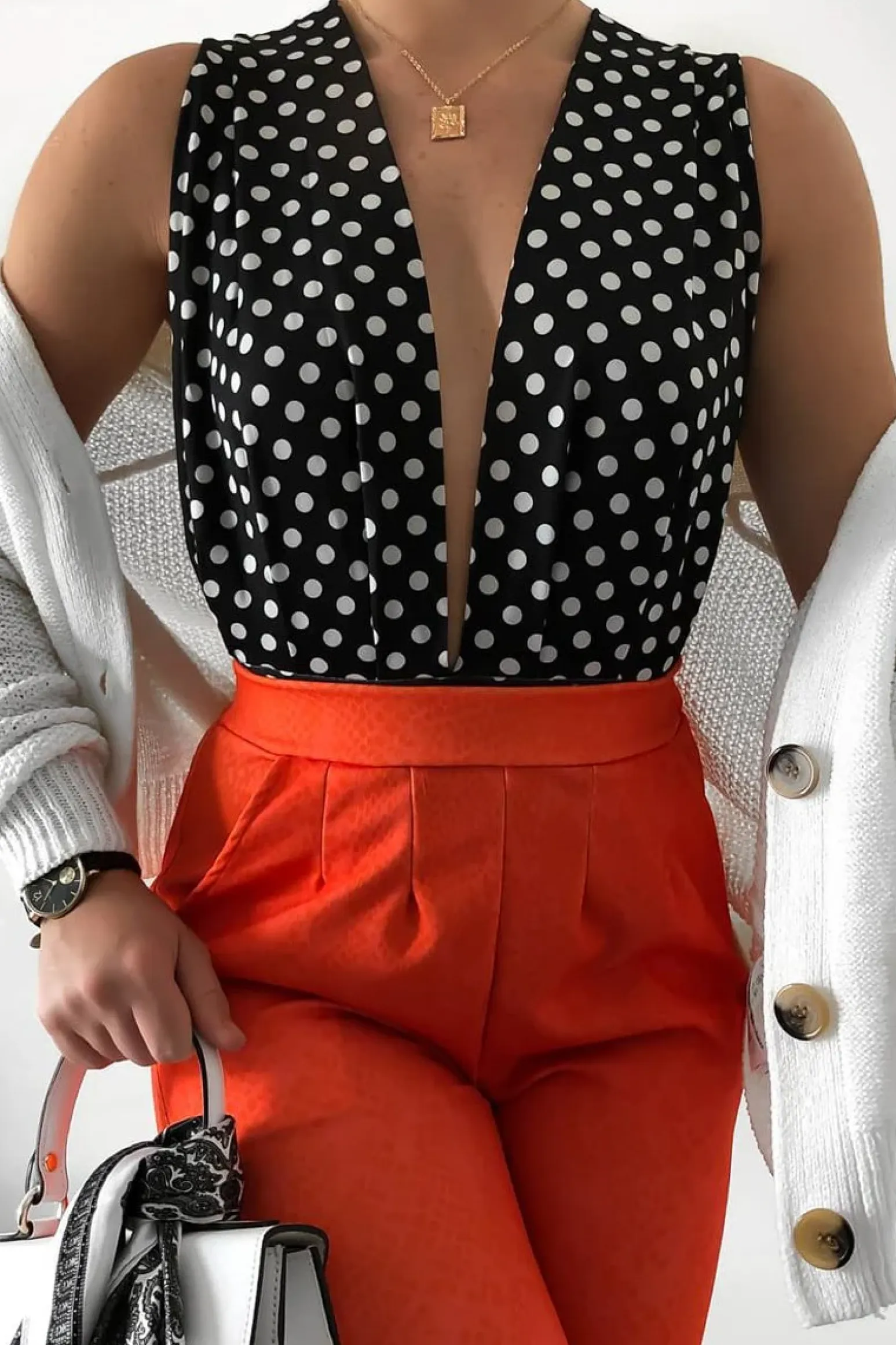 Rebellious Fashion Black Polka Dot Plunge Cross Back Bodysuit - Nadiyah
