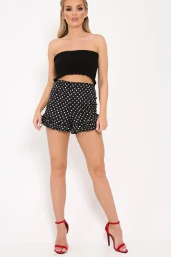 Rebellious Fashion Black Polka Dot Print Ruffle Hem Shorts - Kanari