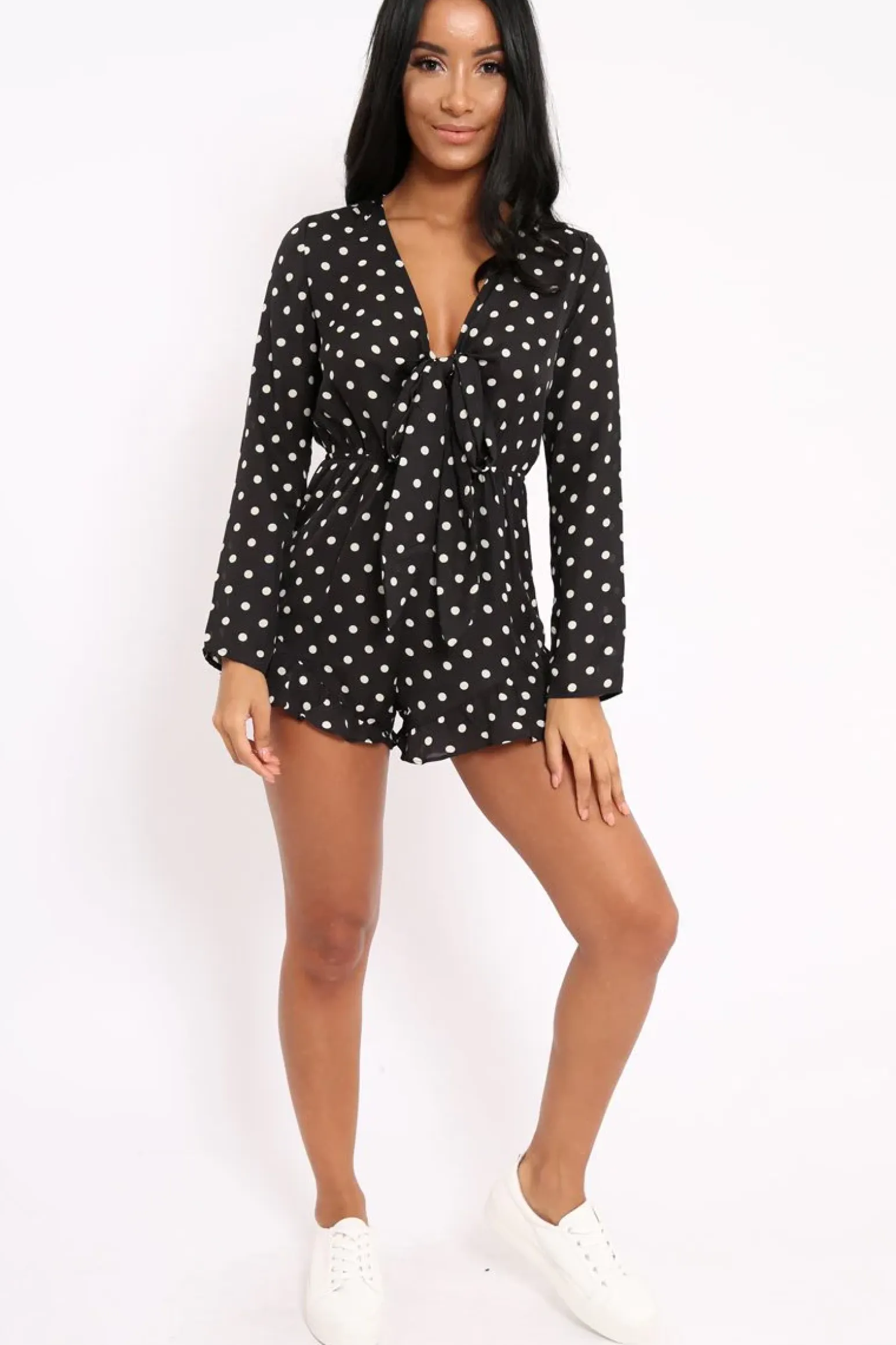 Rebellious Fashion Black Polka Dot Tie Front Playsuit - Jem