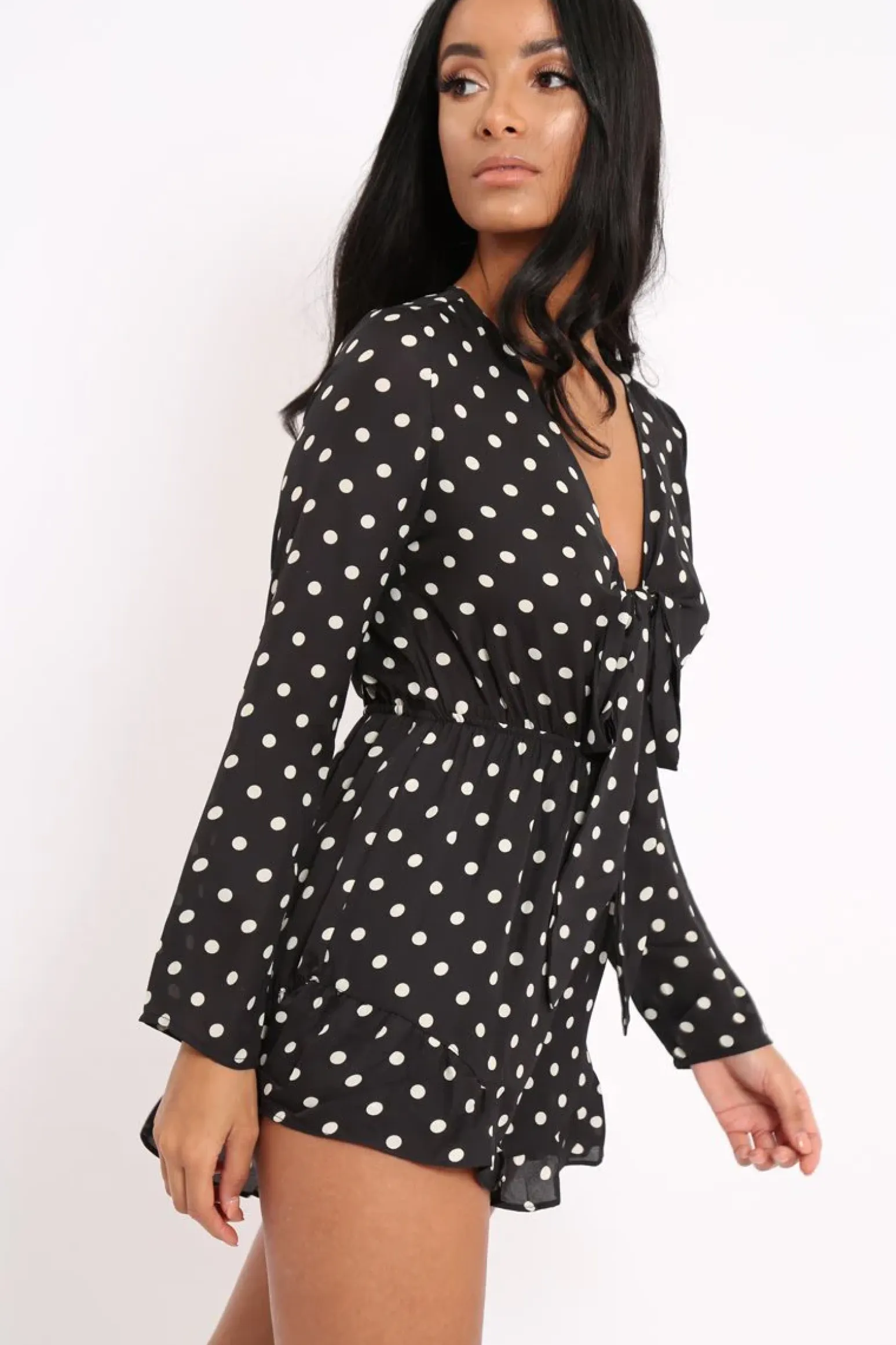 Rebellious Fashion Black Polka Dot Tie Front Playsuit - Jem