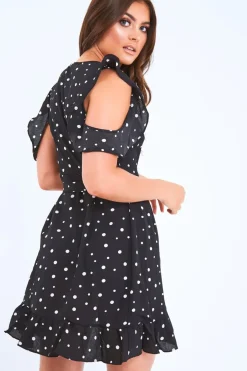 Rebellious Fashion Black Polka Dot Wrap Over Frill Dress - Wisdom