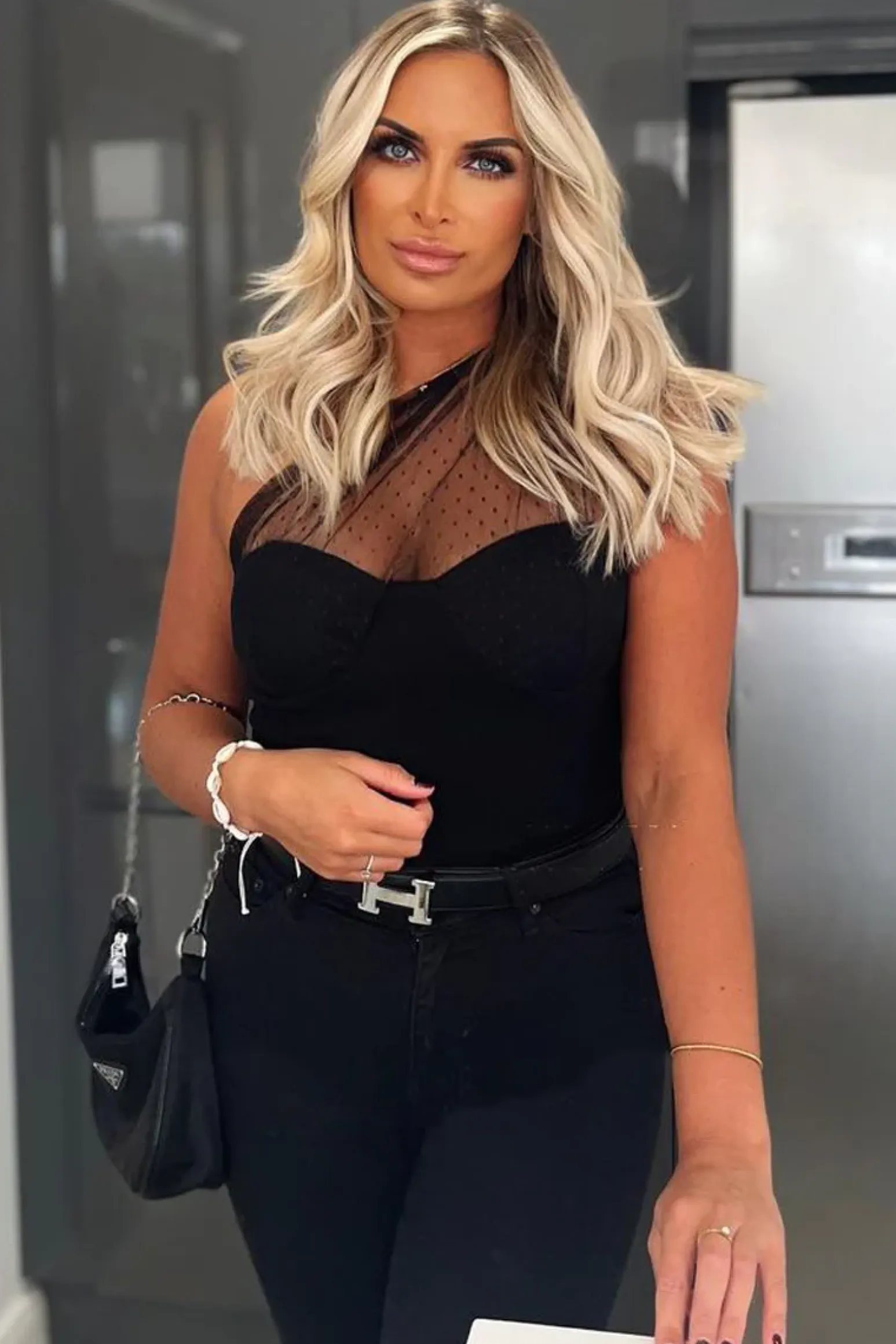 Rebellious Fashion Black Polka Mesh Corset One Shoulder Bodysuit - Carrie