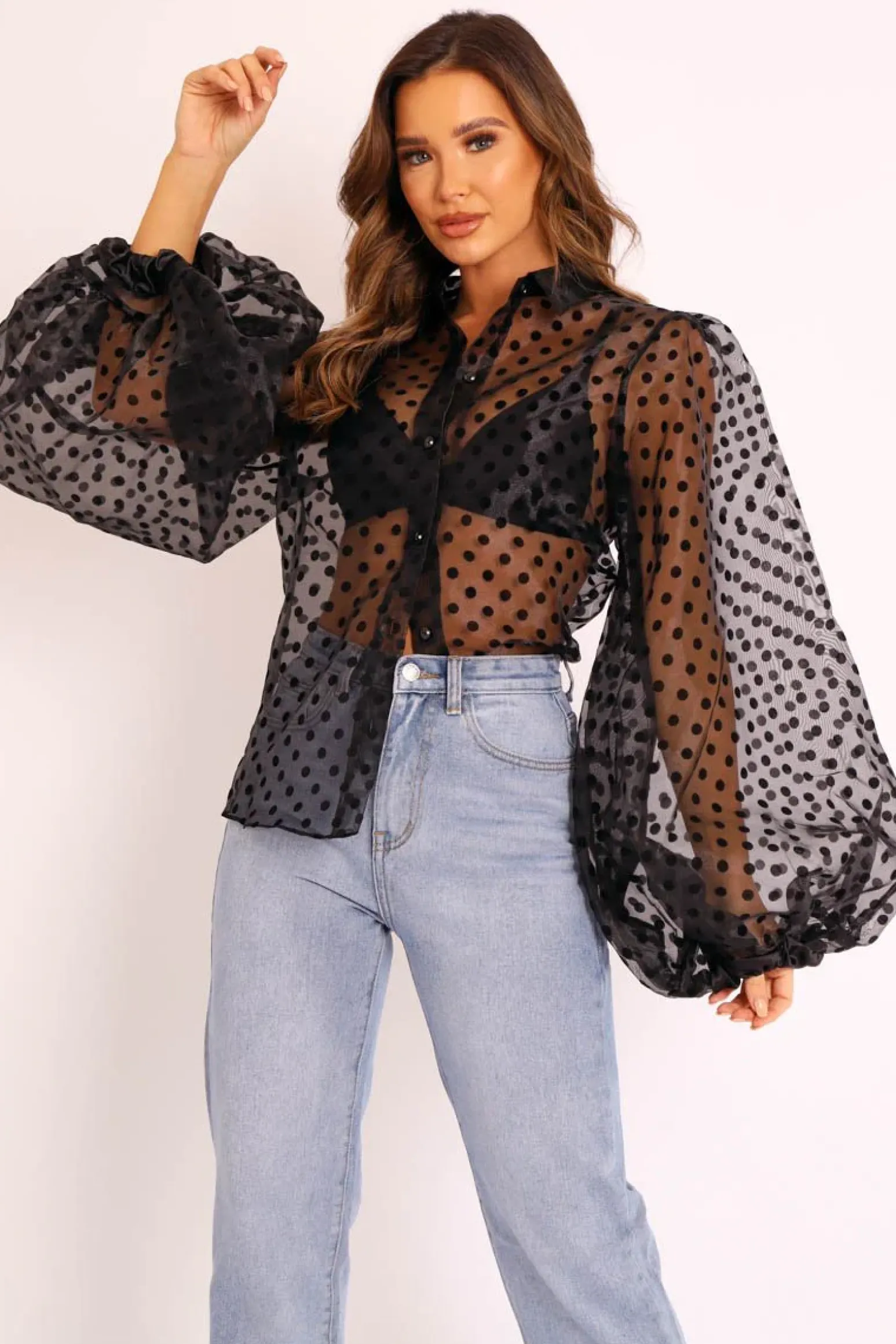 Rebellious Fashion Black Polka Mesh Extreme Bell Sleeve Shirt - Everli