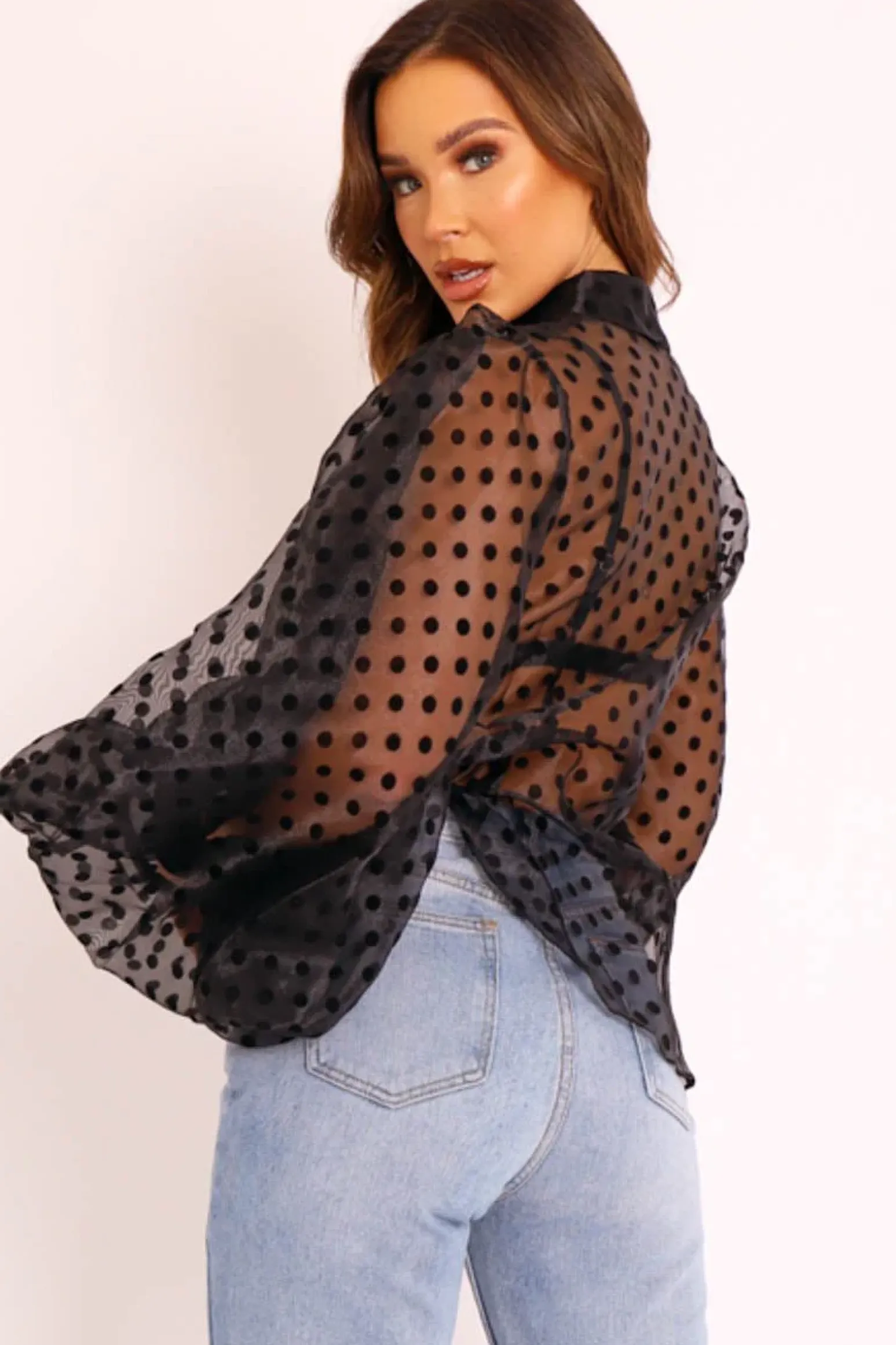Rebellious Fashion Black Polka Mesh Extreme Bell Sleeve Shirt - Everli