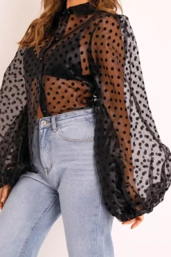 Rebellious Fashion Black Polka Mesh Extreme Bell Sleeve Shirt - Everli