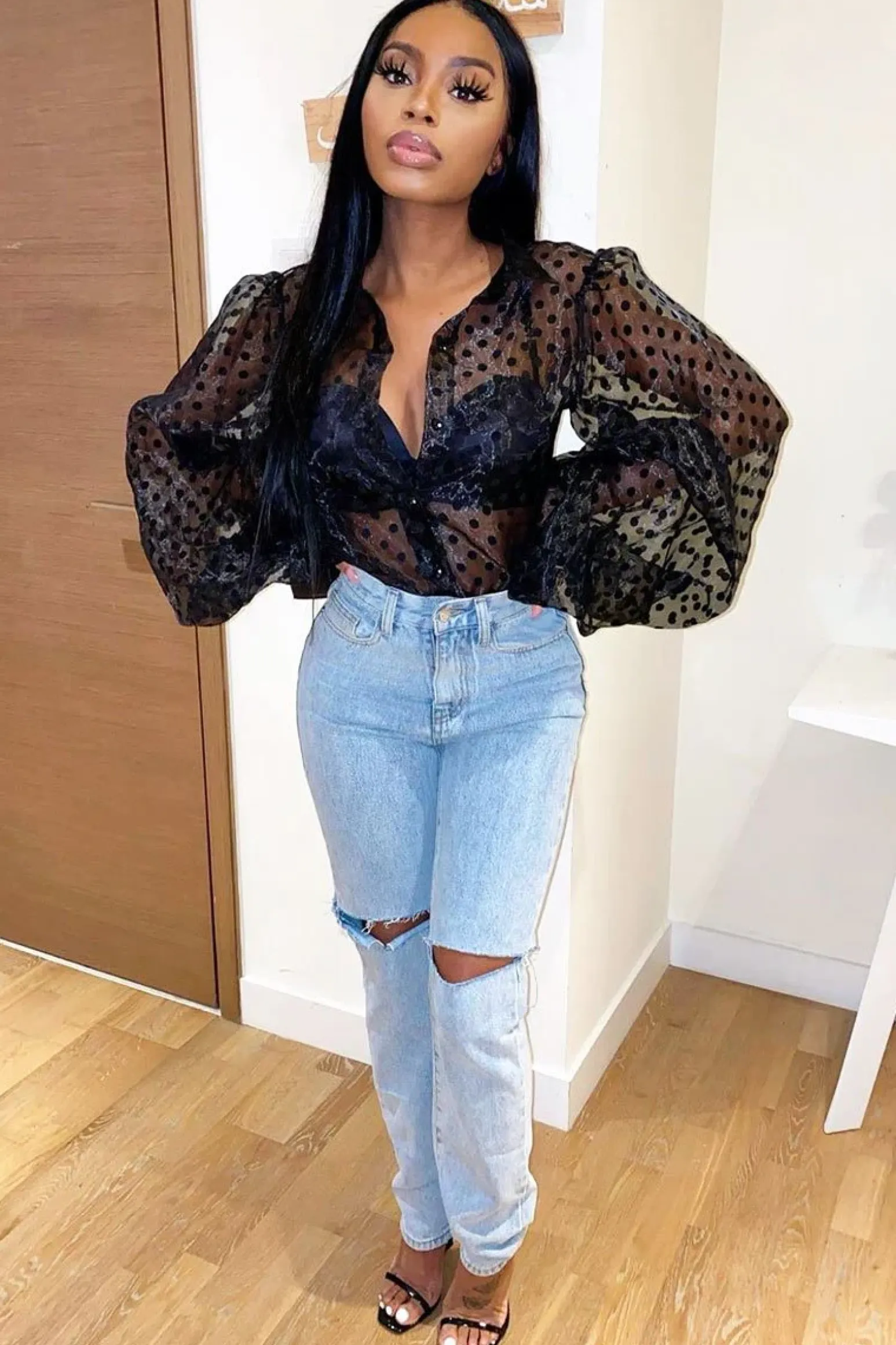 Rebellious Fashion Black Polka Mesh Extreme Bell Sleeve Shirt - Everli