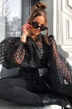 Rebellious Fashion Black Polka Mesh Extreme Bell Sleeve Shirt - Everli