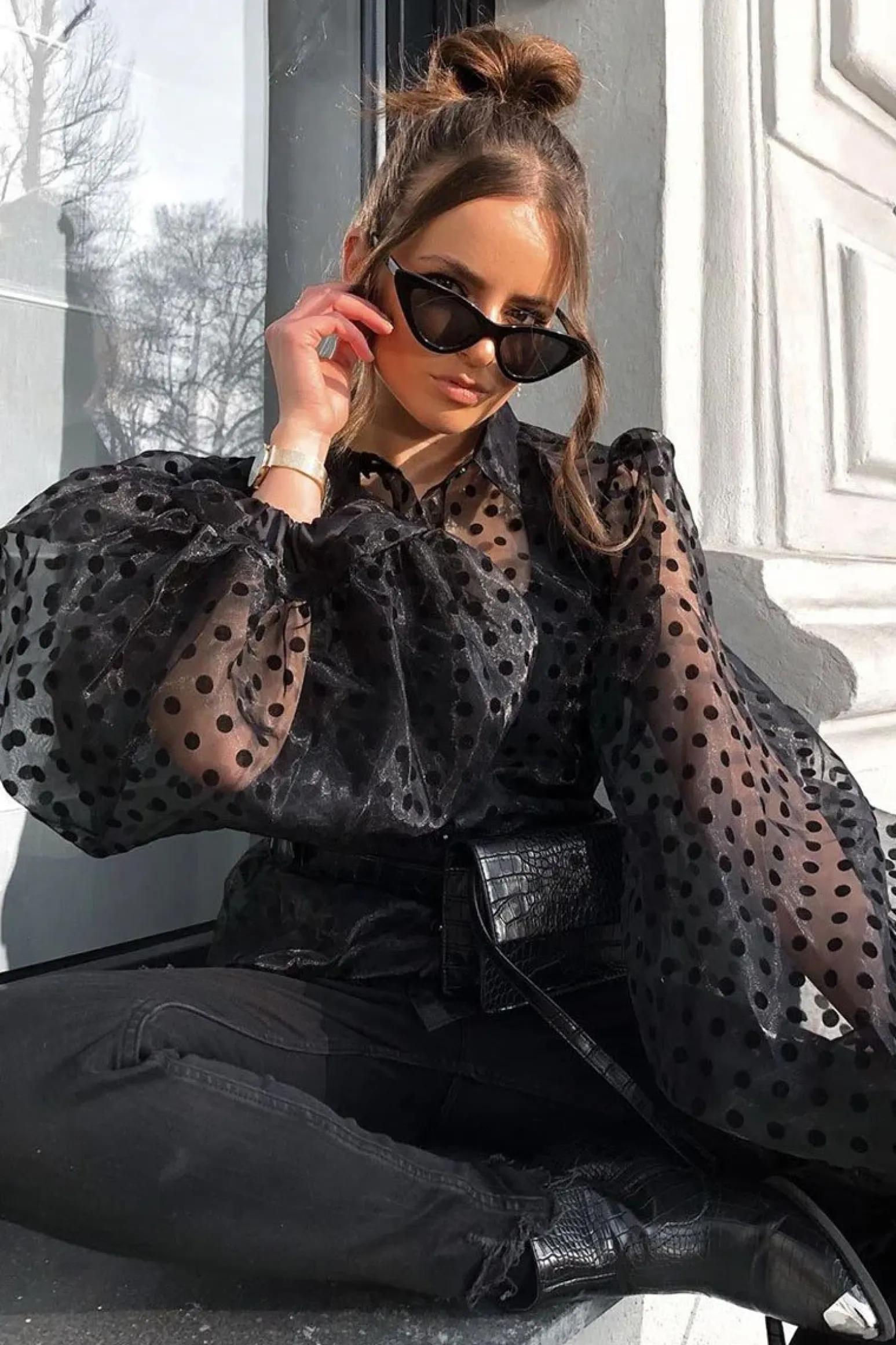 Rebellious Fashion Black Polka Mesh Extreme Bell Sleeve Shirt - Everli