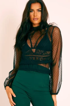 Rebellious Fashion Black Polka Mesh Long Sleeve High Neck Blouse - Gyselle