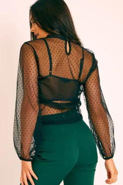 Rebellious Fashion Black Polka Mesh Long Sleeve High Neck Blouse - Gyselle