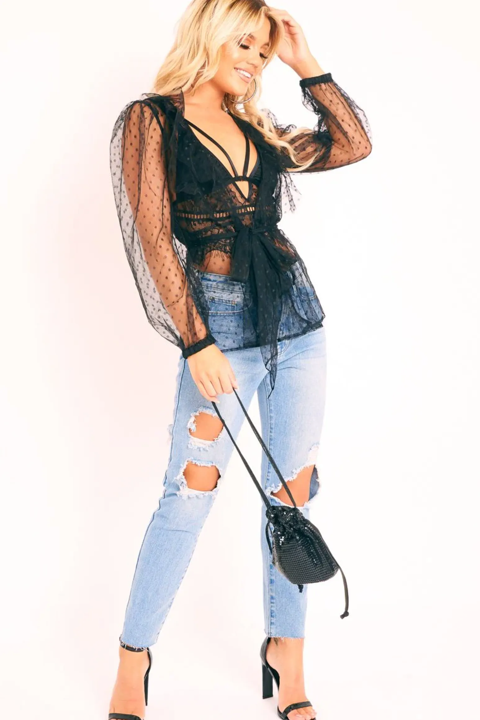 Rebellious Fashion Black Polka Mesh Long Sleeve Ruffle Blouse - Lattie