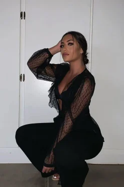 Rebellious Fashion Black Polka Mesh Long Sleeve Ruffle Blouse - Lattie