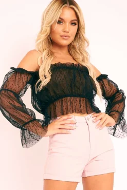 Rebellious Fashion Black Polka Mesh Ruffle Bardot Crop Top - Aagna