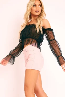 Rebellious Fashion Black Polka Mesh Ruffle Bardot Crop Top - Aagna