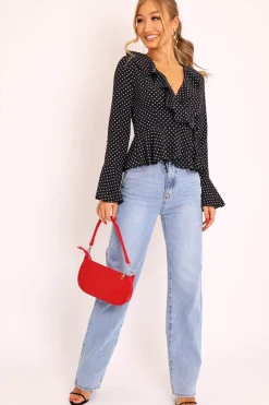 Rebellious Fashion Black Polka Ruffle Wrap Blouse - Calynn