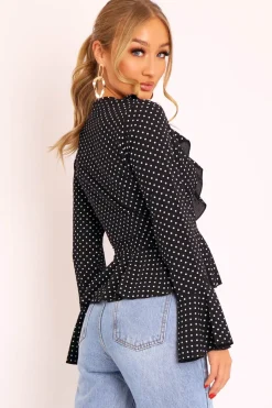 Rebellious Fashion Black Polka Ruffle Wrap Blouse - Calynn