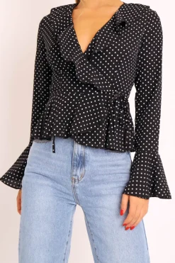 Rebellious Fashion Black Polka Ruffle Wrap Blouse - Calynn