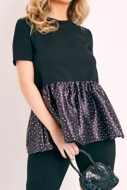 Rebellious Fashion Black Polka Satin Peplum Hem T-shirt - Zyria