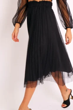 Rebellious Fashion Black Polka Tulle Pleated Midi Skirt - Soniya