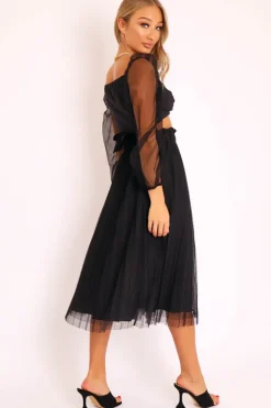 Rebellious Fashion Black Polka Tulle Pleated Midi Skirt - Soniya