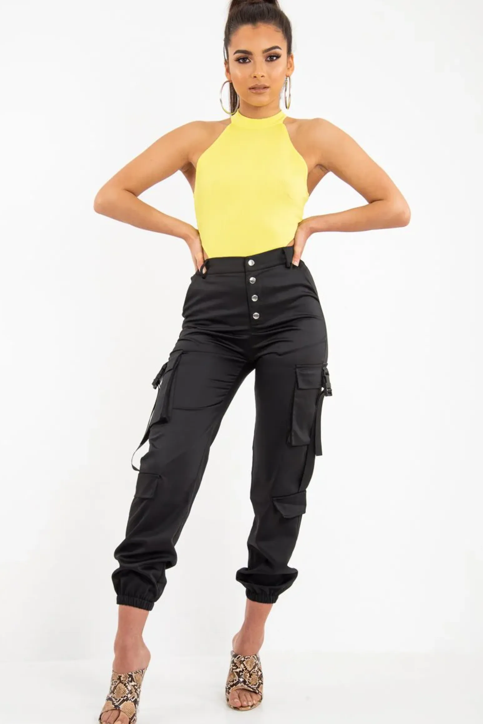 Rebellious Fashion Black Popper Front Buckle Detail Cargo Trousers - Gabriella