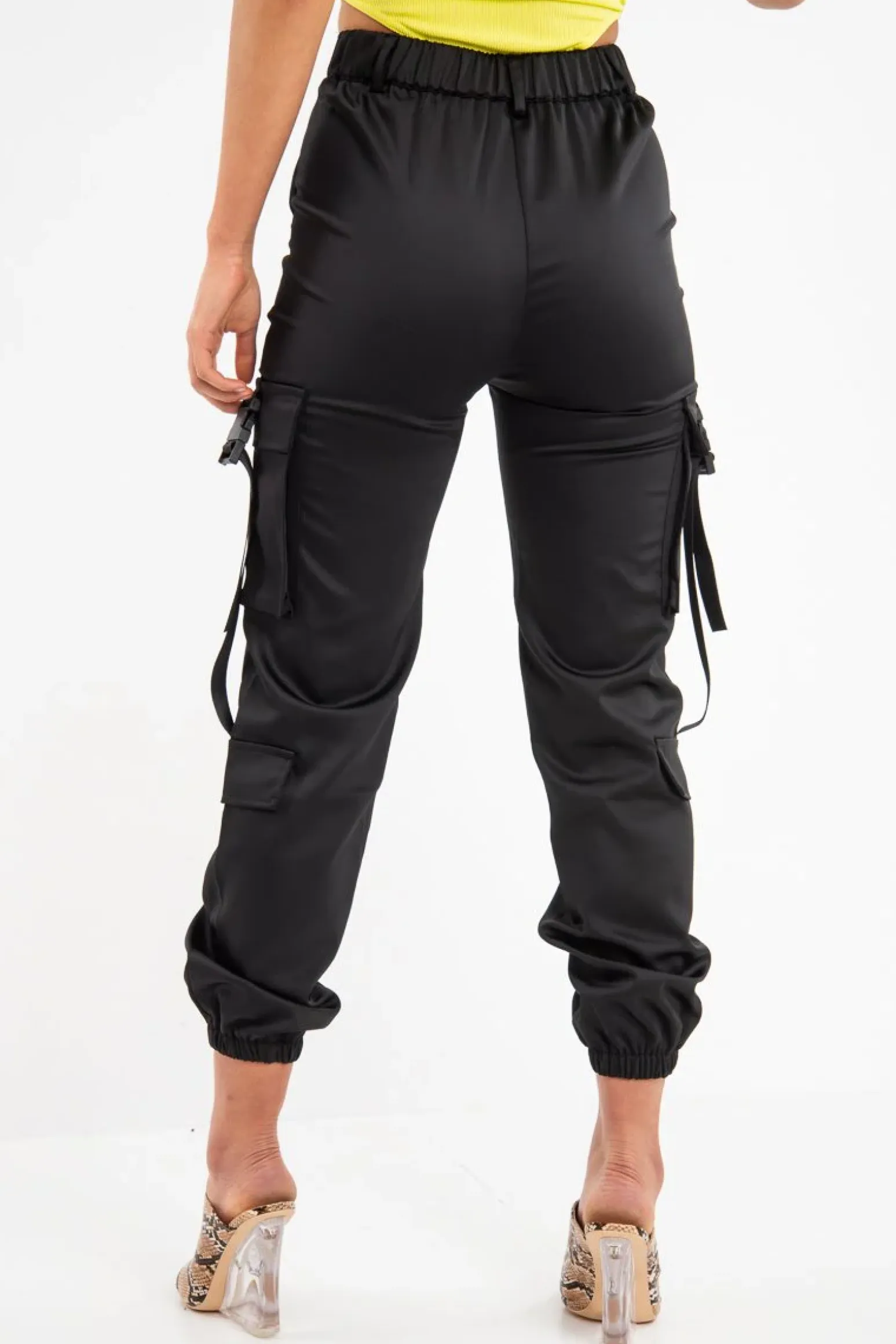 Rebellious Fashion Black Popper Front Buckle Detail Cargo Trousers - Gabriella