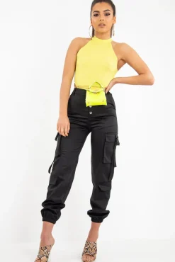 Rebellious Fashion Black Popper Front Buckle Detail Cargo Trousers - Gabriella