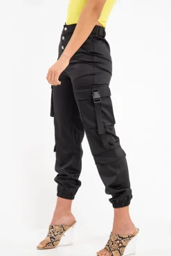 Rebellious Fashion Black Popper Front Buckle Detail Cargo Trousers - Gabriella