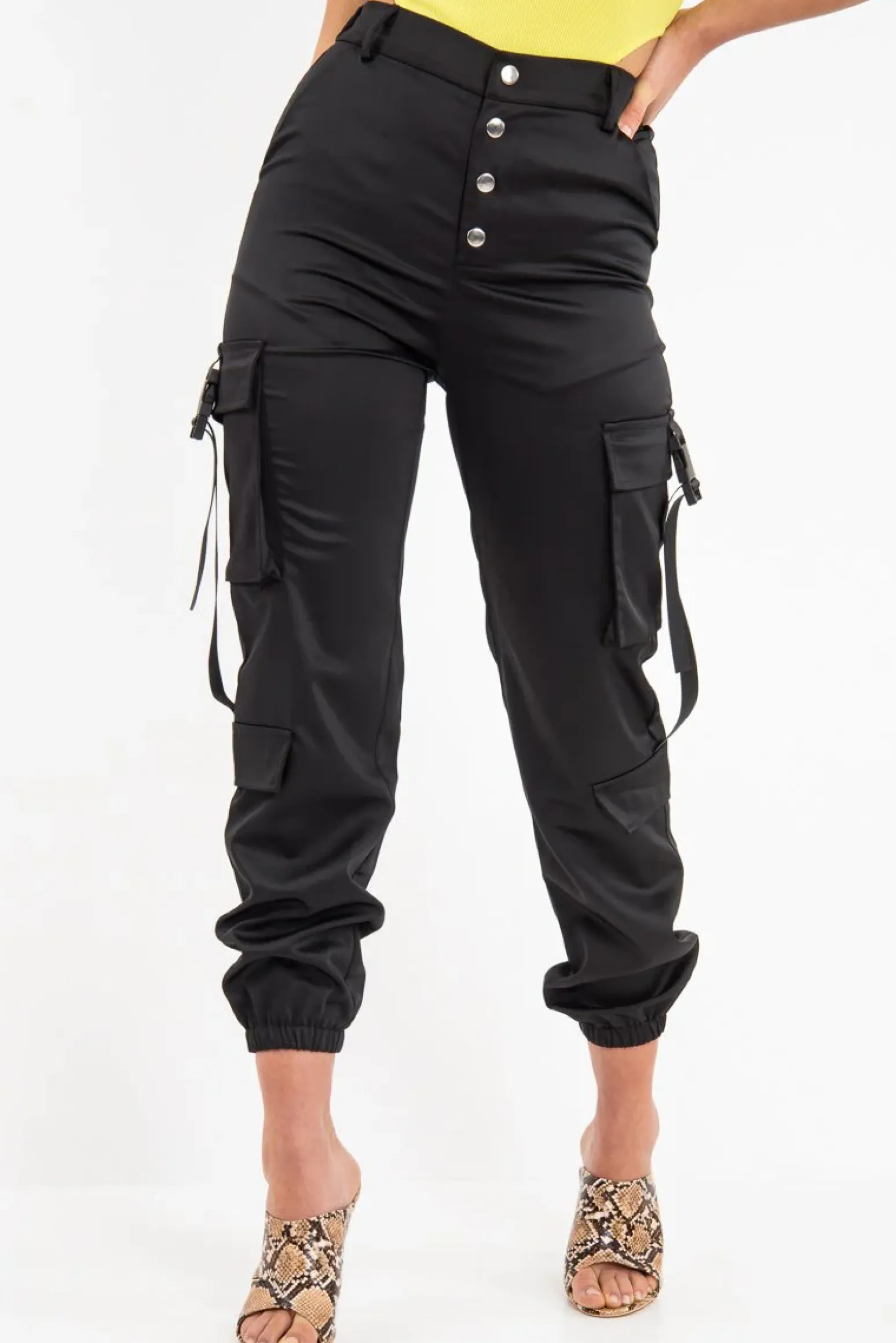 Rebellious Fashion Black Popper Front Buckle Detail Cargo Trousers - Gabriella