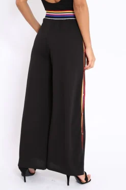 Rebellious Fashion Black Popper Pants with Multi Stripe Trim - Kendria
