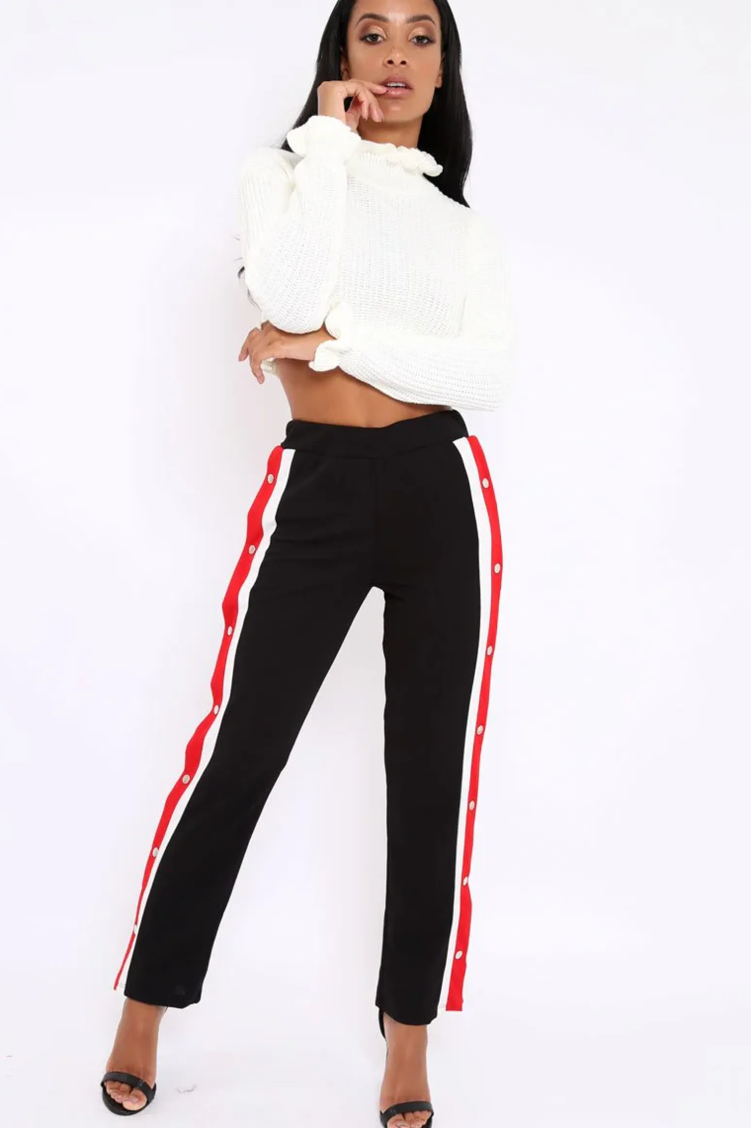 Rebellious Fashion Black Popper Tailored Trousers with Red and White Stripe - Simona
