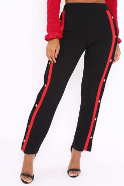 Rebellious Fashion Black Popper Tailored Trousers with Red Stripe - Simona