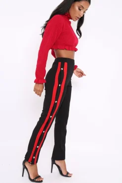 Rebellious Fashion Black Popper Tailored Trousers with Red Stripe - Simona
