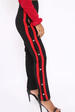 Rebellious Fashion Black Popper Tailored Trousers with Red Stripe - Simona
