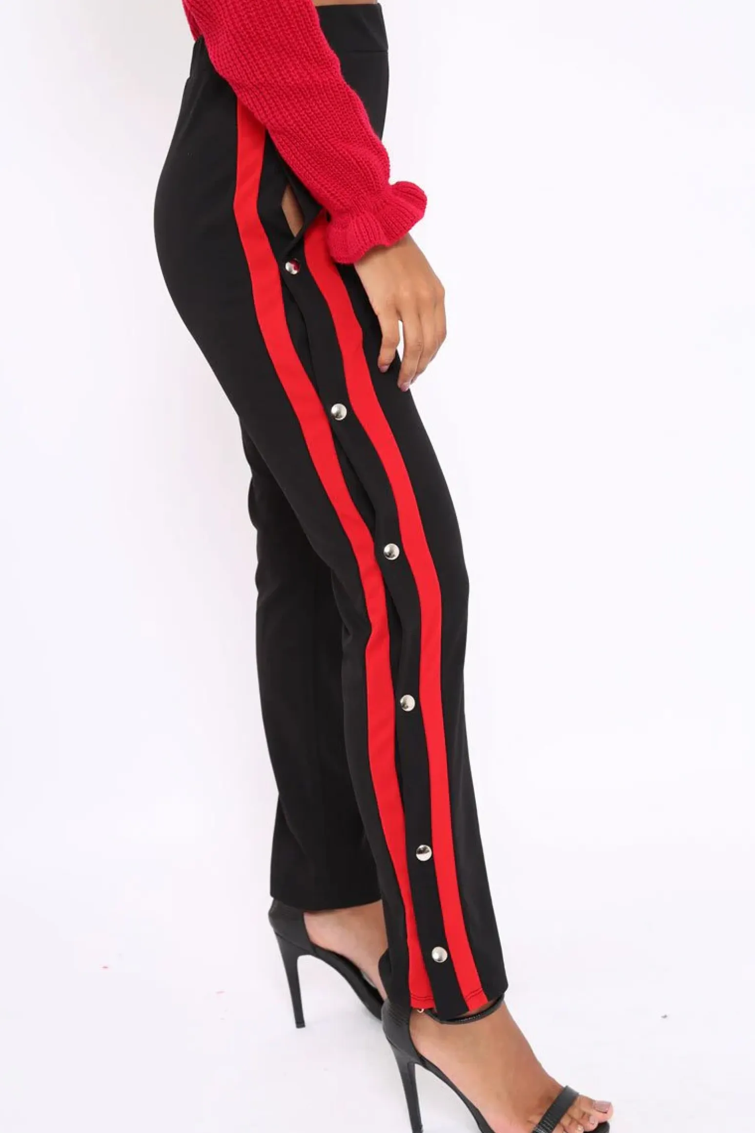 Rebellious Fashion Black Popper Tailored Trousers with Red Stripe - Simona