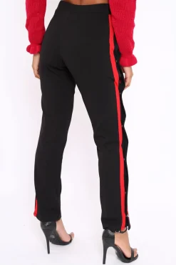 Rebellious Fashion Black Popper Tailored Trousers with Red Stripe - Simona