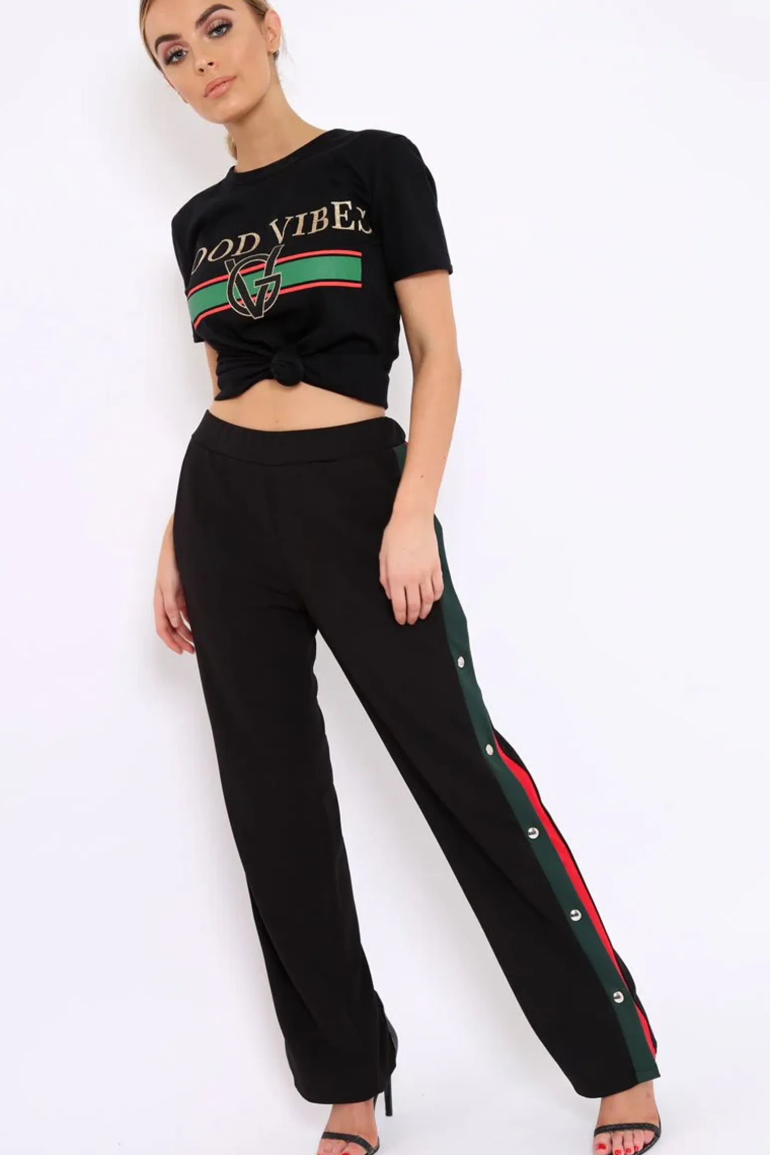 Rebellious Fashion Black Popper Tailored Trousers with Red and Khaki Stripe - Simona