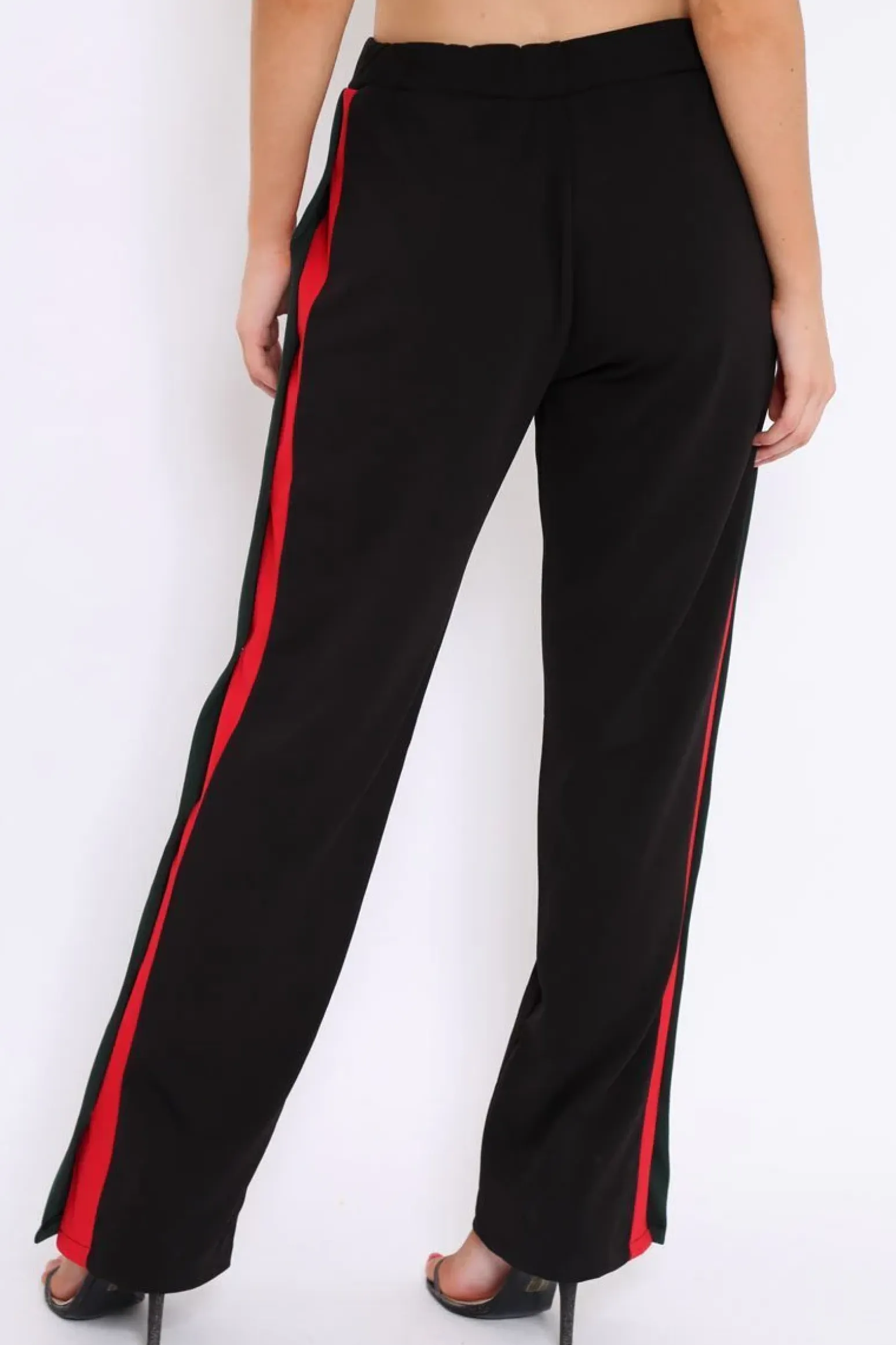 Rebellious Fashion Black Popper Tailored Trousers with Red and Khaki Stripe - Simona