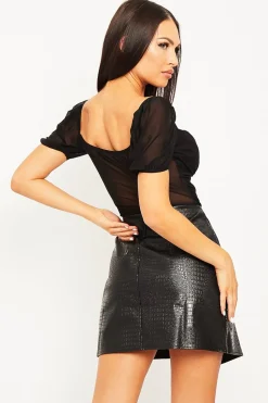 Rebellious Fashion Black PU Faux Croc Wrap Over Skirt - Enessa