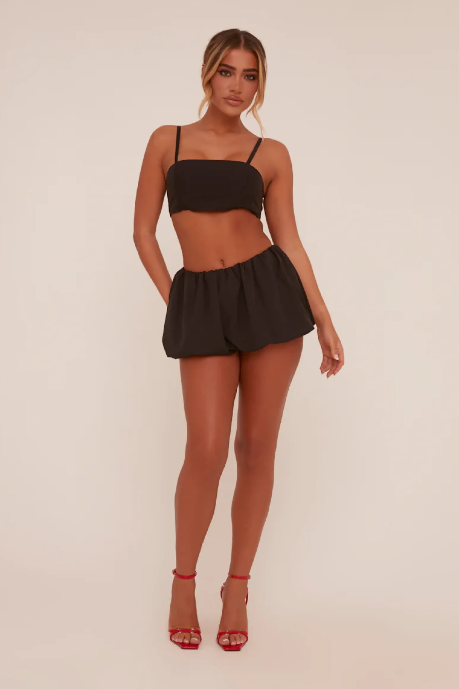 Rebellious Fashion Black Puffball Cropped Top & Mini Skirt Co-ord Set - Minita